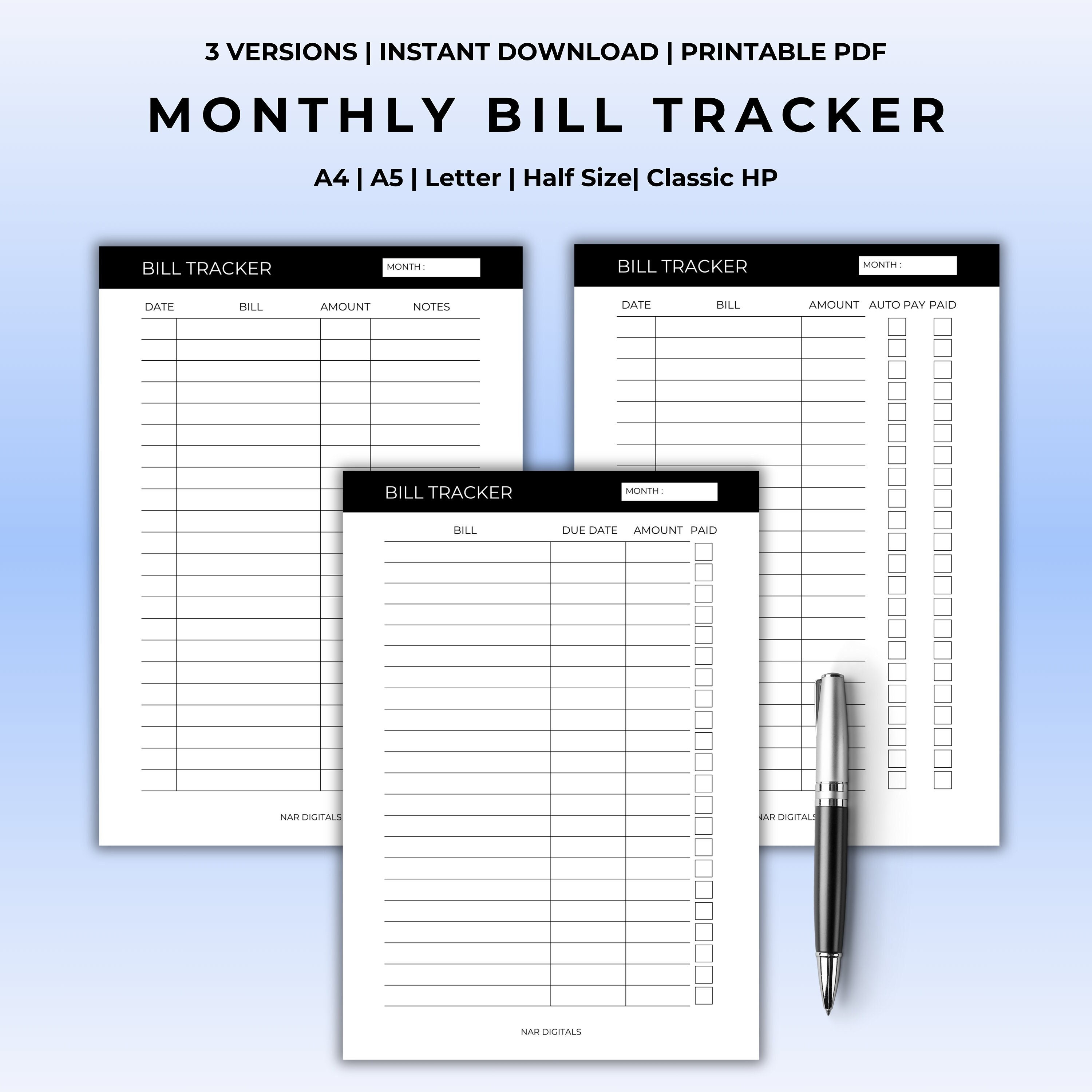 Monthly Bill Tracker Printable Bill Payment Checklist Budget Tracker ...
