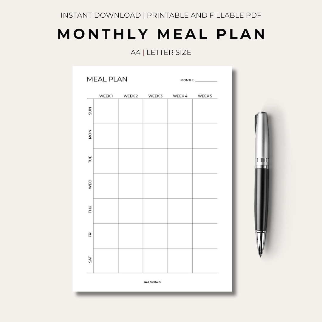 30 Day Menu Planner Monthly Meal Planner Printable Template Menu ...