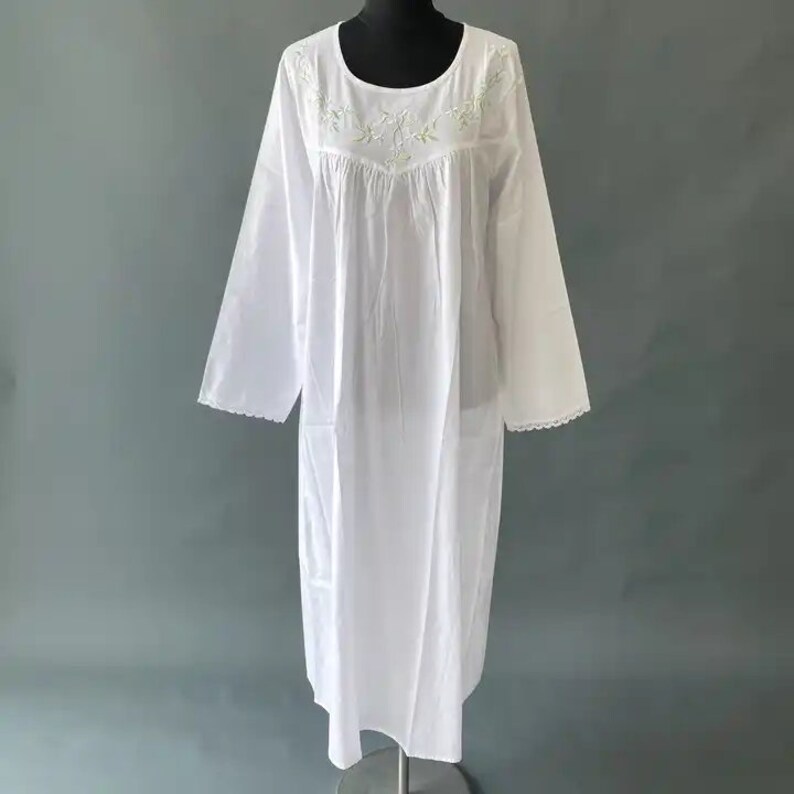 100 Cotton Victorian Nightgown, French Sleepwear, White Lace Decor Long Sleeve Sleep Dress