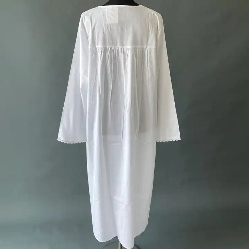 100 Cotton Victorian Nightgown, French Sleepwear, White Lace Decor Long Sleeve Sleep Dress