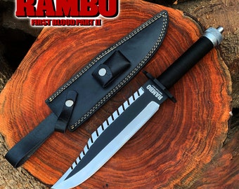 Réplica artesanal da faca Rambo First Blood Part 2 | Lâmina em aço inoxidável, bainha em couro