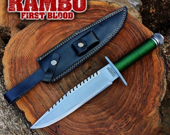 Réplica artesanal da faca do filme Rambo First Blood: faca tática de sobrevivência com bainha de couro.