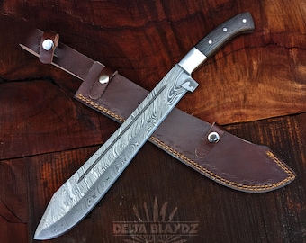 Handmade Damascus Steel Machete: 18" Hunting Blade with Leather Sheath