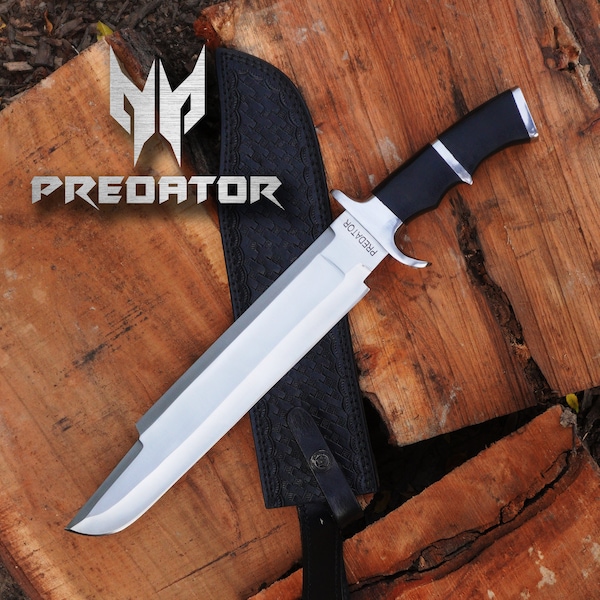 Predator Bowie Knife: Handmade 5160 Spring Steel Predator Replica Machete, Rambo knife | Tactical Knife with Leather Sheath | CHRISTMAS GIFT