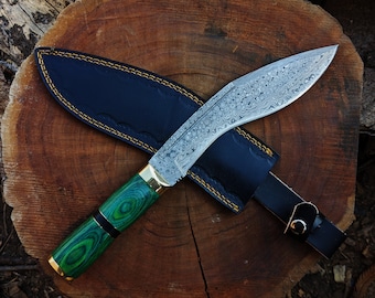 Damascus Kukri Knife: Custom Handmade Full Tang Machete Hunting Camping Knife with Leather Sheath | Anniversary Gift | Birthday Gift for Him