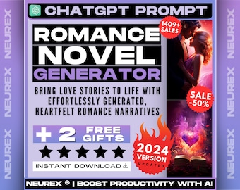 ChatGPT Romance Novel Generator Prompt, Create Love Stories, eBook Writing Tool, Passionate Plots, Fiction Writer, Bestselling Book Ideas