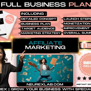 Pode incluir: Um documento de plano de negócios de marketing digital intitulado Affiliate Marketing, apresentando uma lista de seções incluídas, como conceito detalhado, etapas de lançamento, público-alvo e modelo de monetização. O gráfico inclui uma pessoa apontando e outra cercada por dinheiro flutuante.