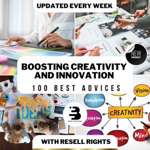 Può includere: Un pacchetto di prodotti digitali intitolato Boosting Creativity and Innovation 100 Best Advices with Resell Rights. L'immagine presenta un collage di spazi di lavoro creativi, un diagramma a mappa mentale con bolle colorate e testo.