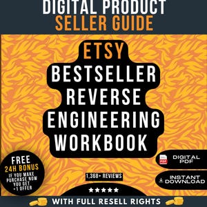 Puede incluir: Una guía para vendedores de productos digitales titulada Etsy Bestseller Reverse Engineering Workbook con un fondo de patrón de llamas naranja. El gráfico incluye texto sobre un bono gratis de 24h, 1.368+ reseñas, cinco estrellas y descarga PDF.