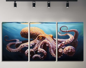 Octopus Triptych Canvas Art: Nautical Marine Life 3-Panel Print