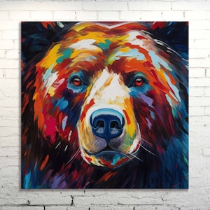 Abstract Bear Canvas Wall Art, Colorful Oil Painting Style, Wild Animal Art Print for Home and Office Decor, Wildlife Portrait