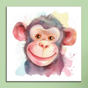 Watercolor Monkey Canvas Art: Playful Nursery Decor
