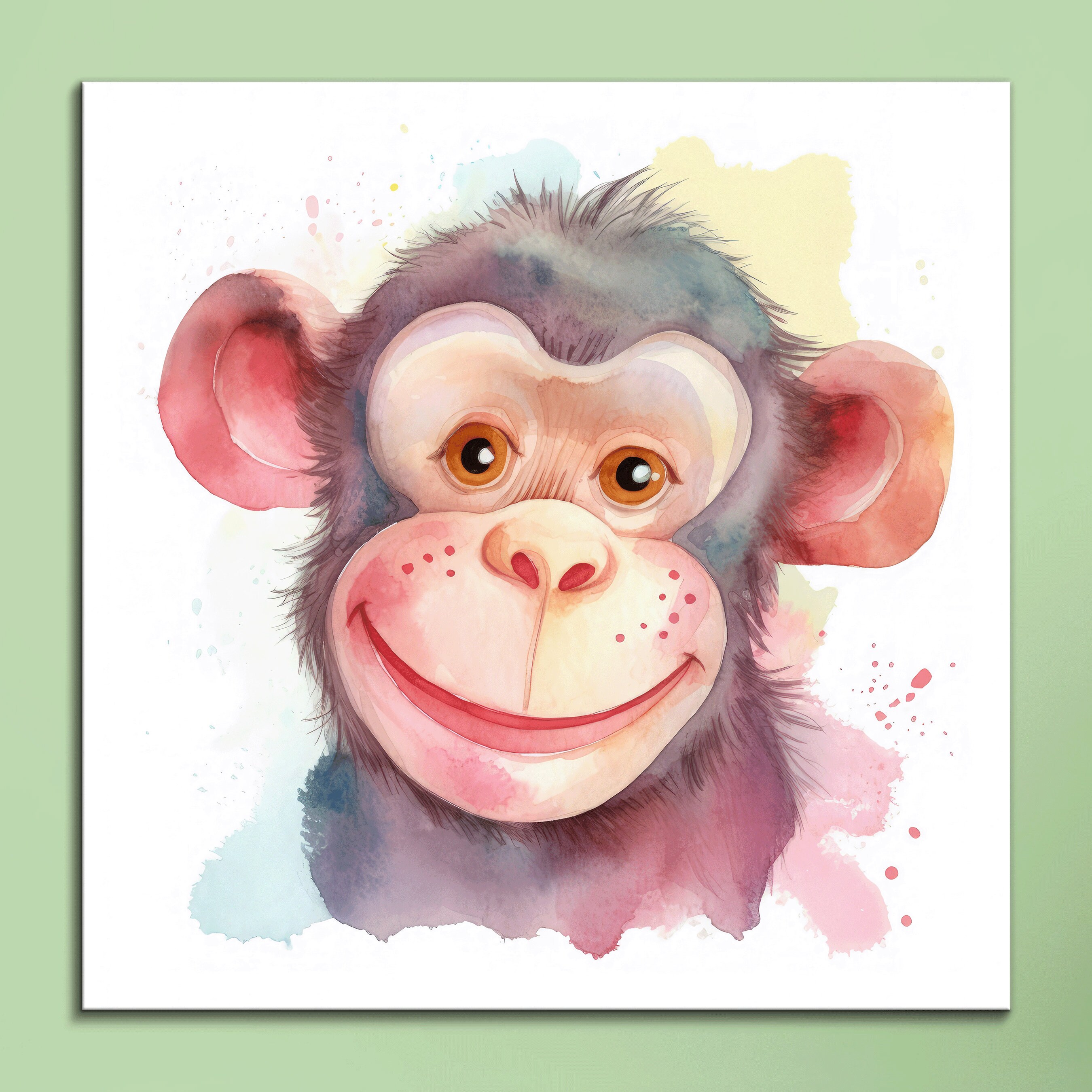 Watercolor Monkey Canvas Art: Playful Nursery Decor