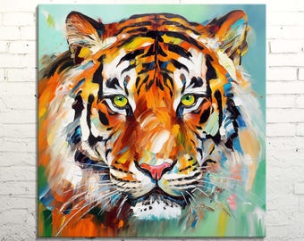 Fierce Tiger Canvas Wall Art, Colorful Vibrant Oil Painting Style, Bengal Big Cat Portrait Wildlife Art Print for Home and Office Decor