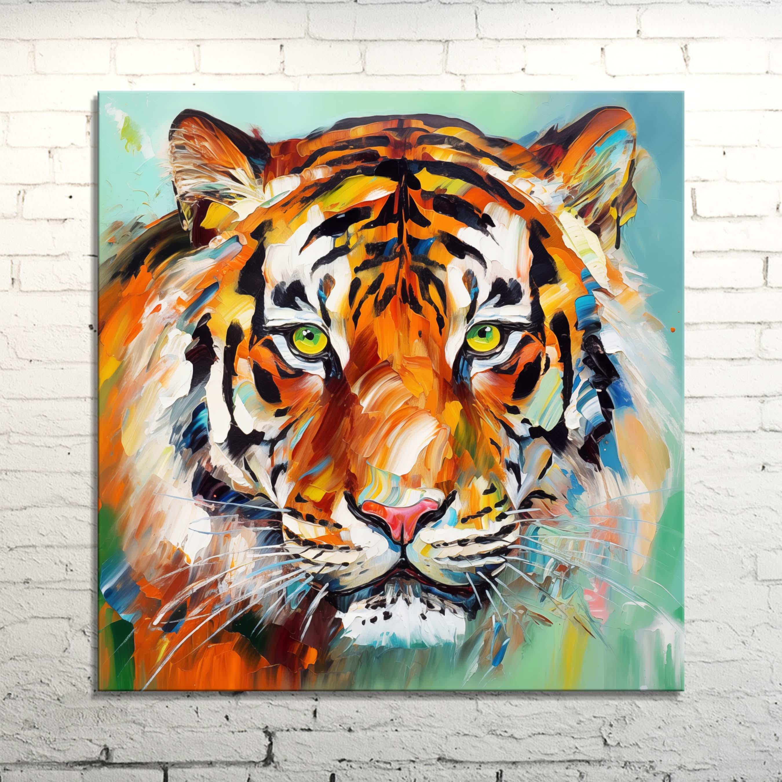 Fierce Tiger Canvas Wall Art, Colorful Vibrant Oil Painting Style, Bengal Big Cat Portrait Wildlife Art Print for Home and Office Decor