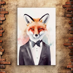 Dapper Fox in Tuxedo Canvas Art: Whimsical Watercolor Print
