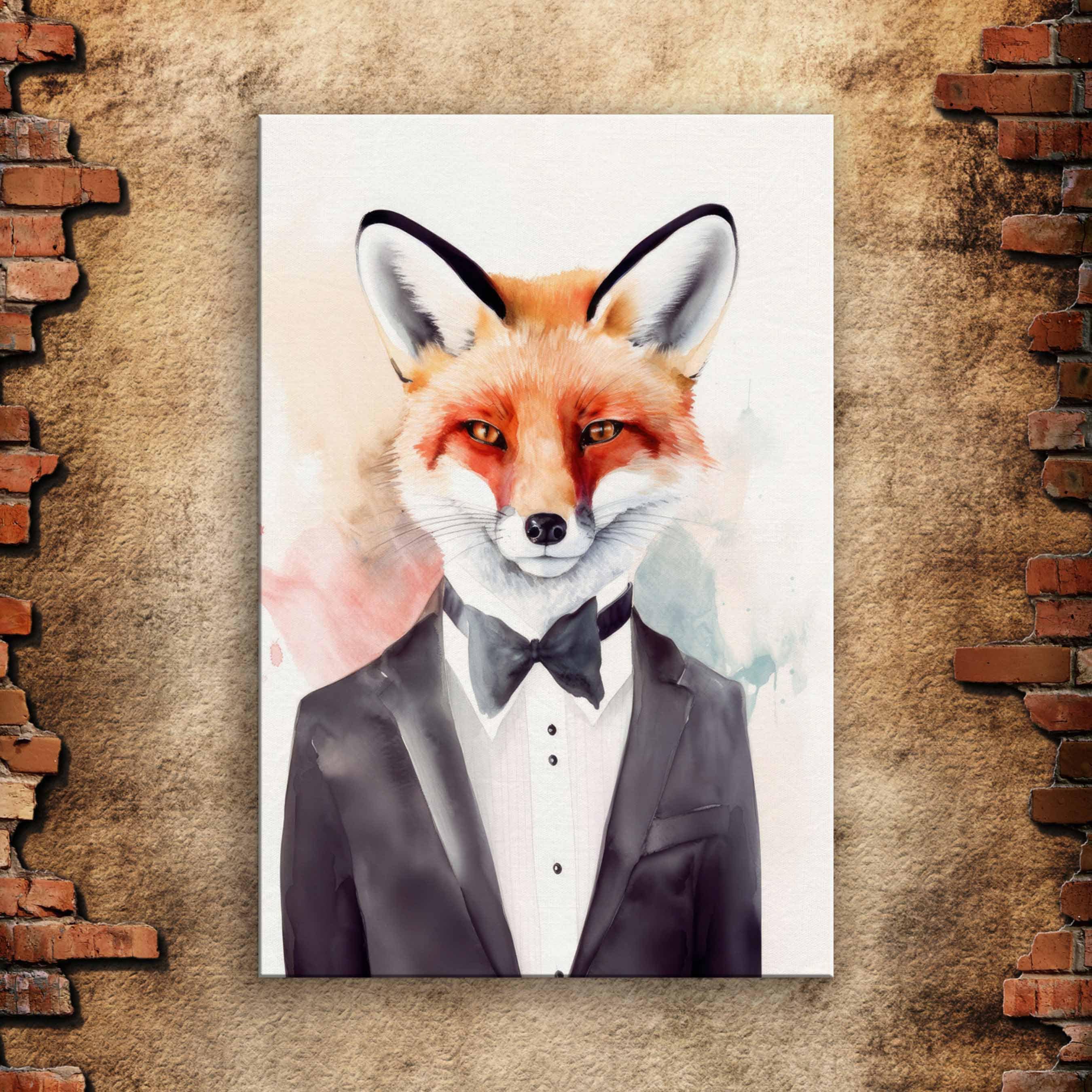 Dapper Fox in Tuxedo Canvas Art: Whimsical Watercolor Print