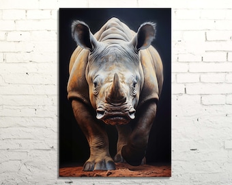 May include: A close-up of a white rhinoceros with a large, dark gray horn. The rhinoceros is looking directly at the camera with a serious expression. The background is dark and blurry.