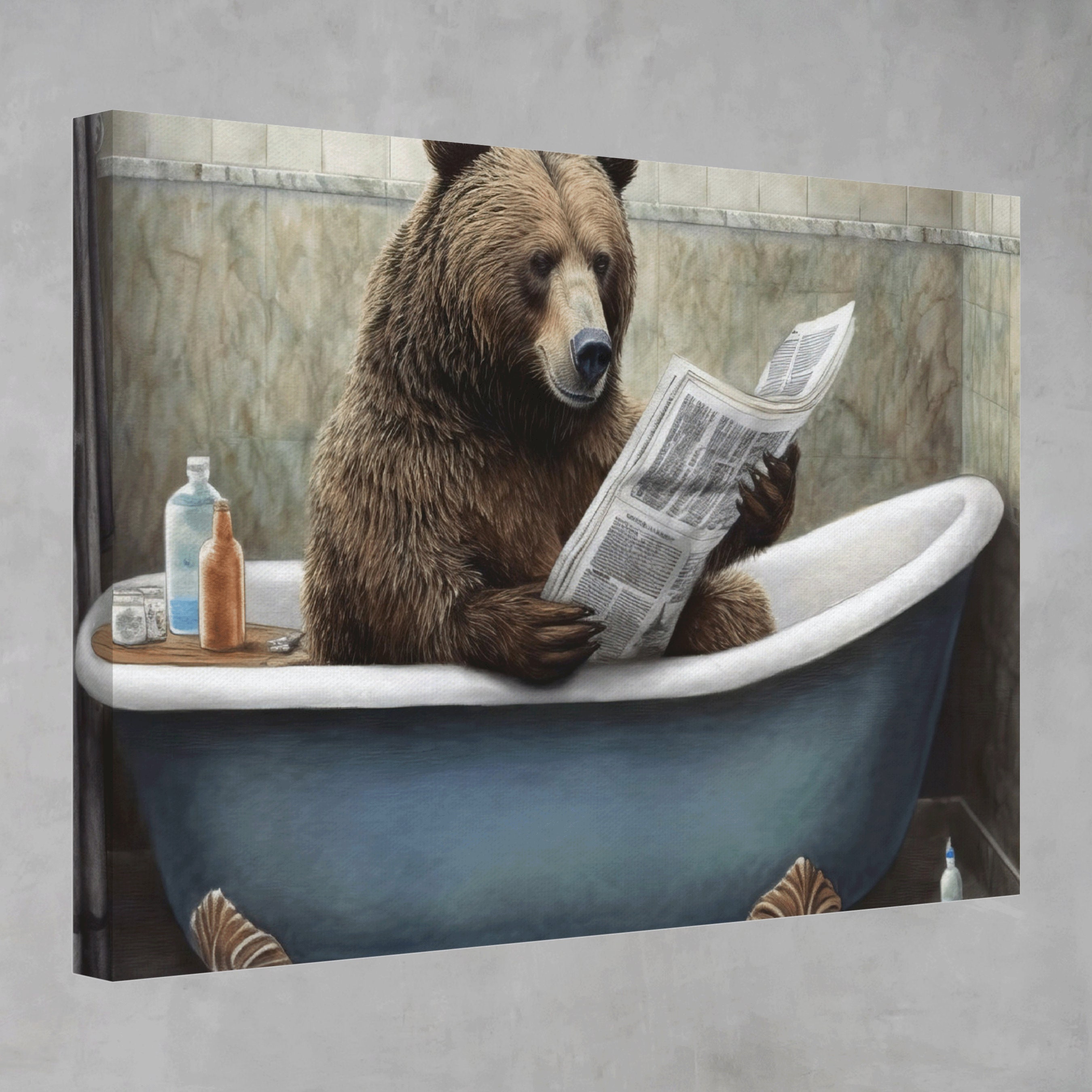 Bear in Bathtub Canvas Art: Whimsical Bathroom Decor