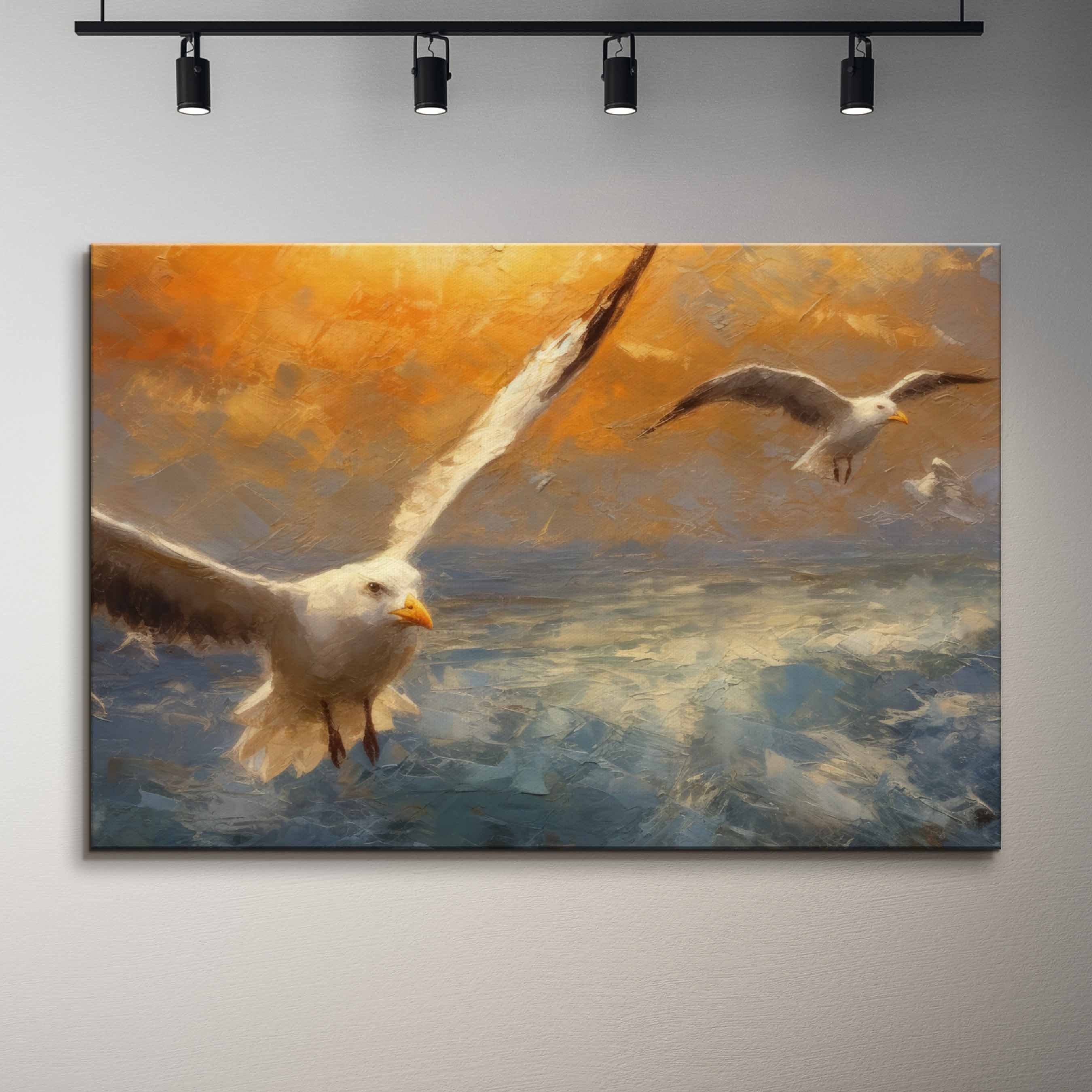 Seagulls Canvas Print: Golden Sky Ocean Artwork, Renaissance Style