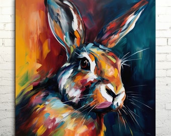 Whimsical Rabbit Canvas Art: Colorful Abstract Wildlife Portrait