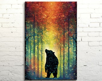 Bear's Colorful Forest Canvas Art, Dynamic Optical Illusion Geometric Patterns, Abstract Landscape, Modern Home Decor, Bear Silhouette Print