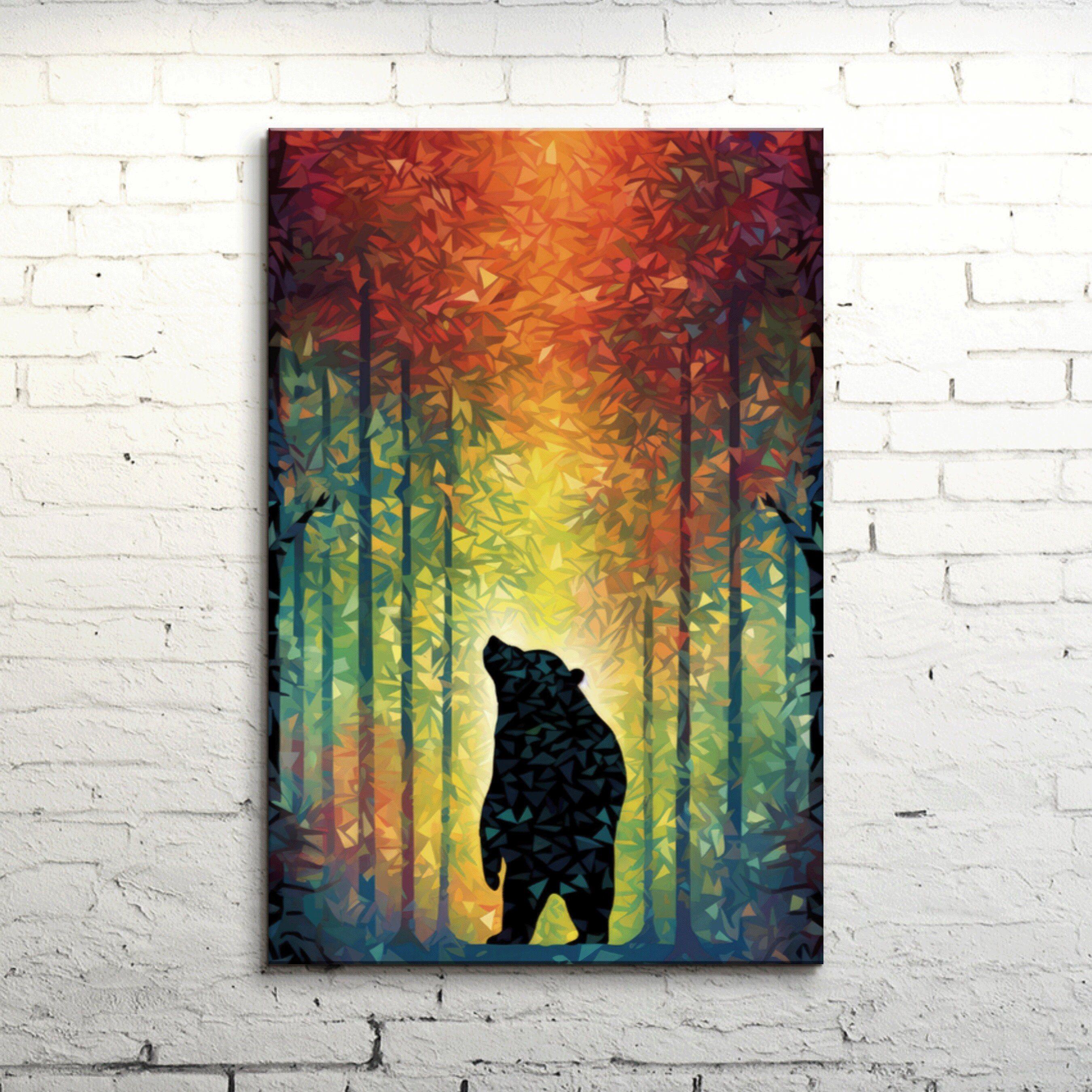Bear Silhouette Canvas Art: Colorful Geometric Forest, Modern Home Decor