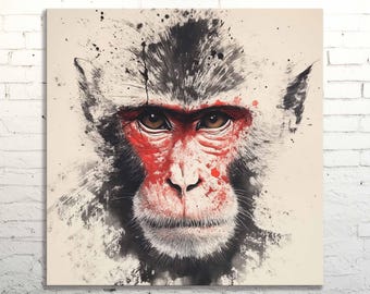 Japandi Monkey Canvas Print: Minimalist Wabi Sabi Wall Art