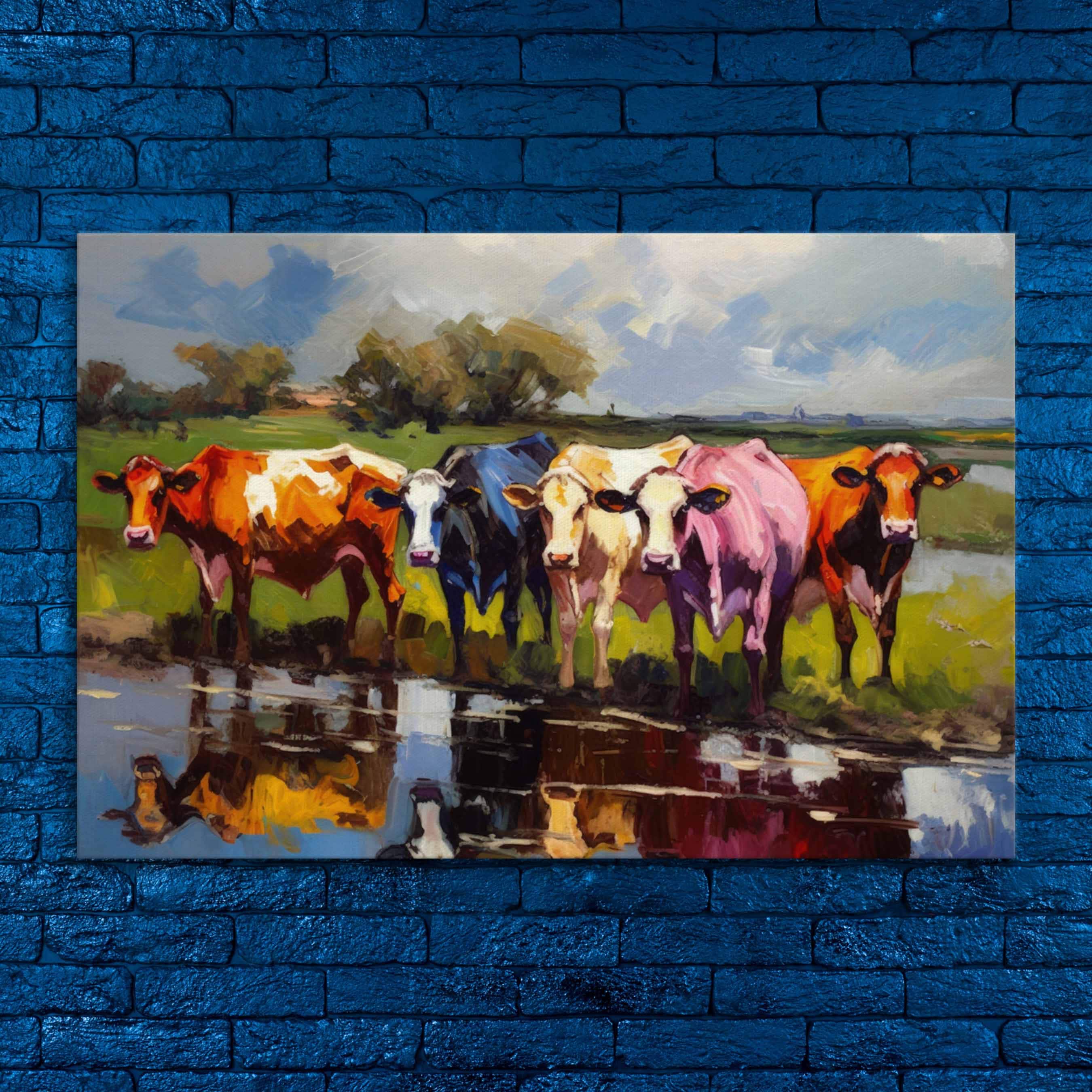 Expressive Cows Canvas Print, Vibrant Farm Scene, Rustic Farmhouse Decor