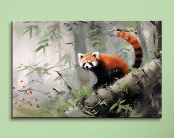 Red Panda Canvas Print: Asian Forest Landscape Painting