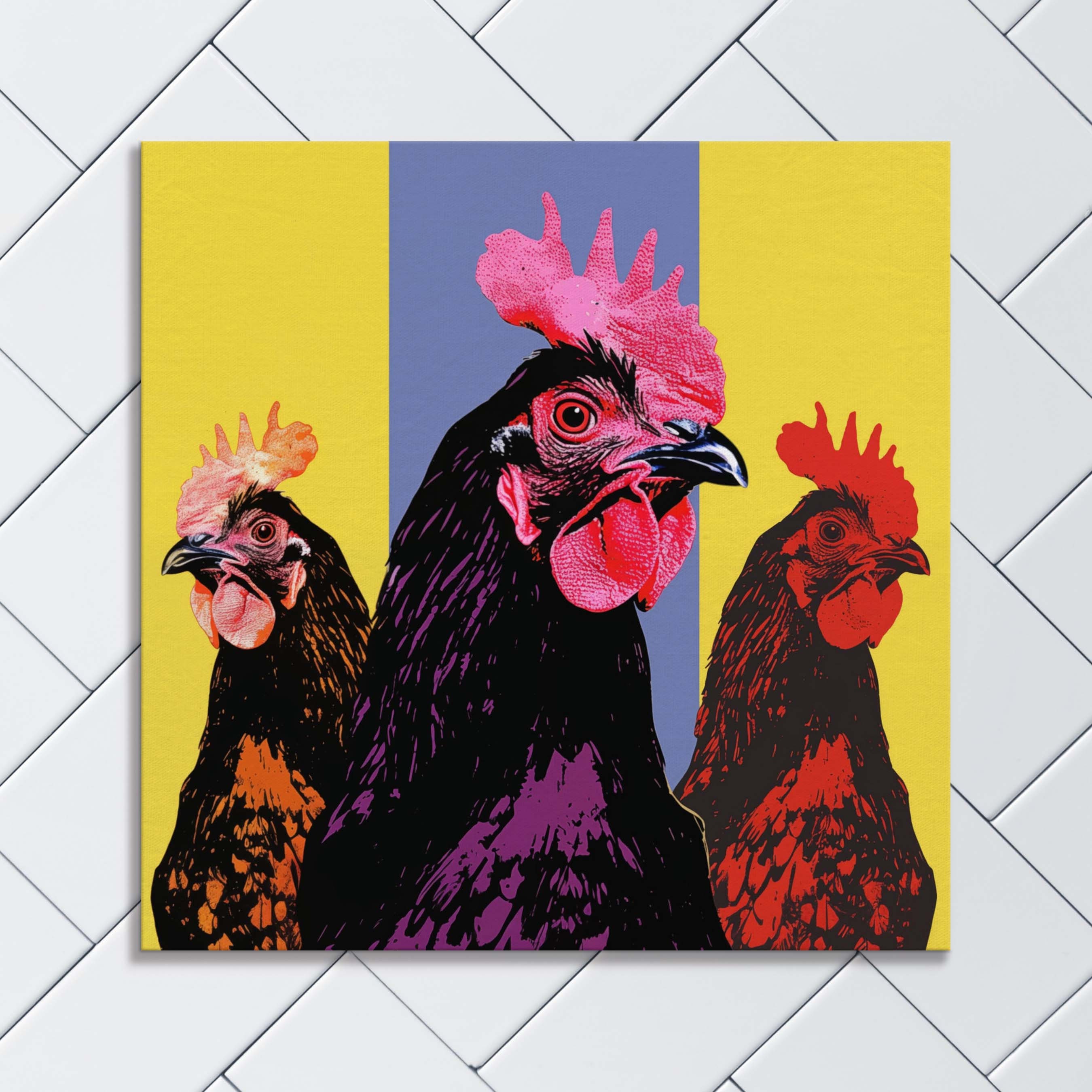 Chicken Trio Canvas Print: Vibrant Pop Art Farmhouse Decor