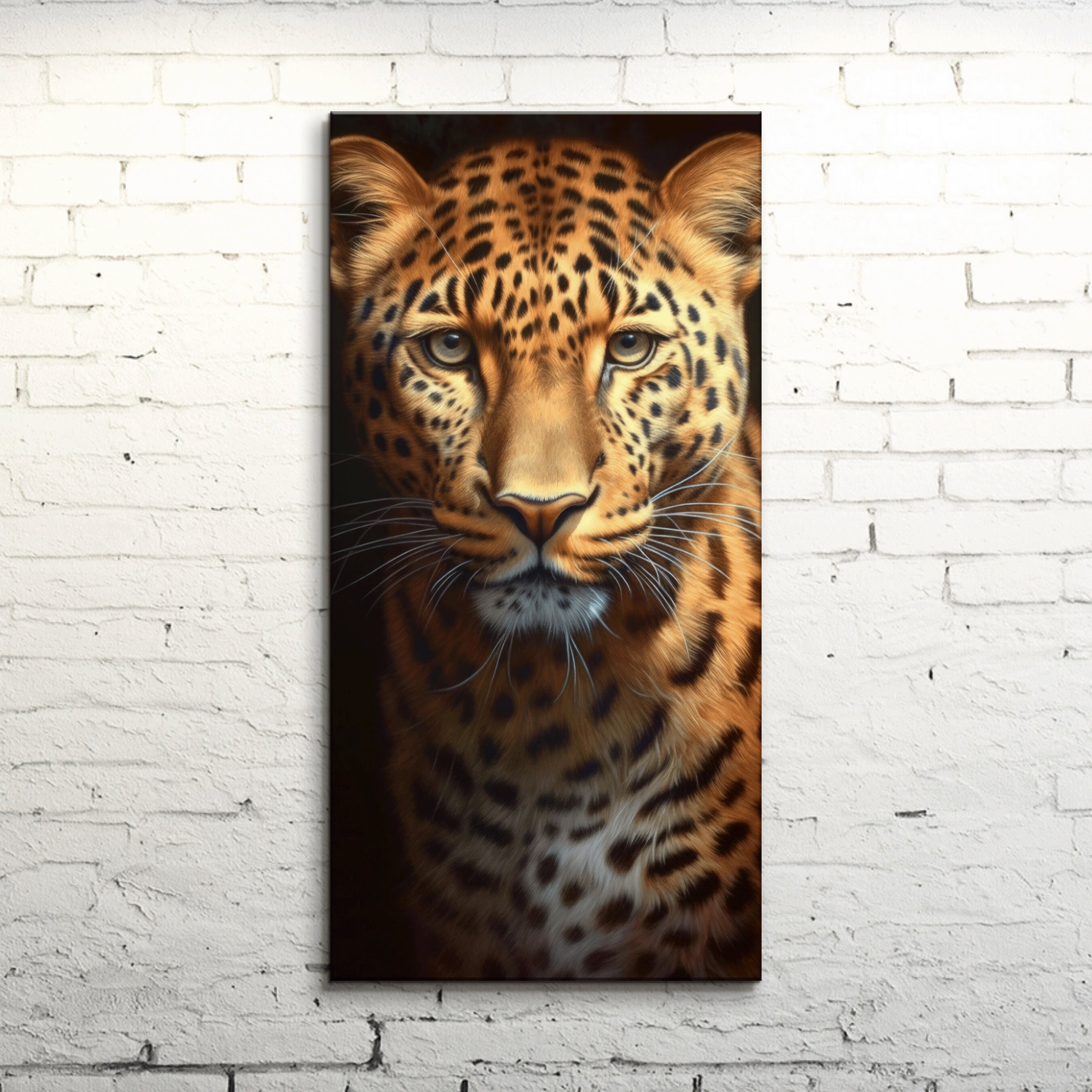 Majestic Leopard Gaze, Vibrant Canvas Art, Captivating Dark Background, Expression of Subtle Realism Painting