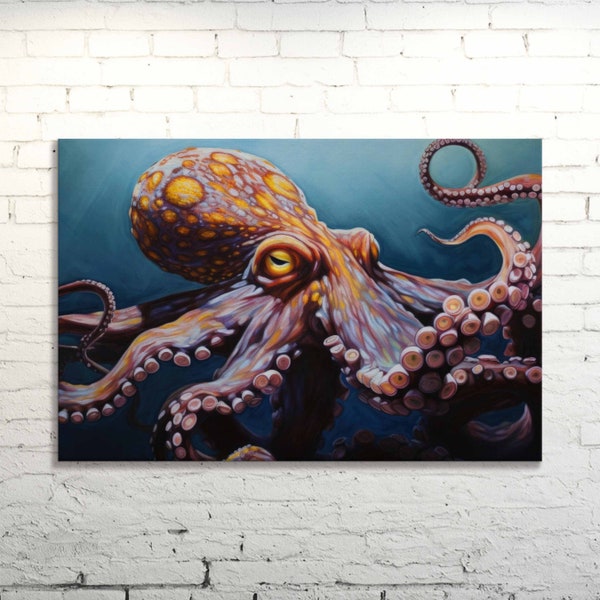 Octopus Oil Painting Canvas Art Print, Marine Life Horizontal Wall Decor, Vibrant Sea Creature Artwork, Unique Home Accent, Horizontal