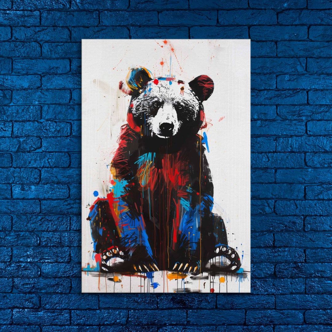Bold Abstract Bear Canvas Wall Art Modern Urban Graffiti Style Vibrant ...