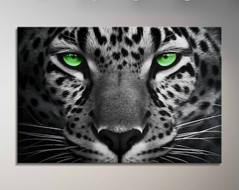 Green-Eyed Leopard Canvas Art: Monochrome Big Cat Wildlife Wall Print