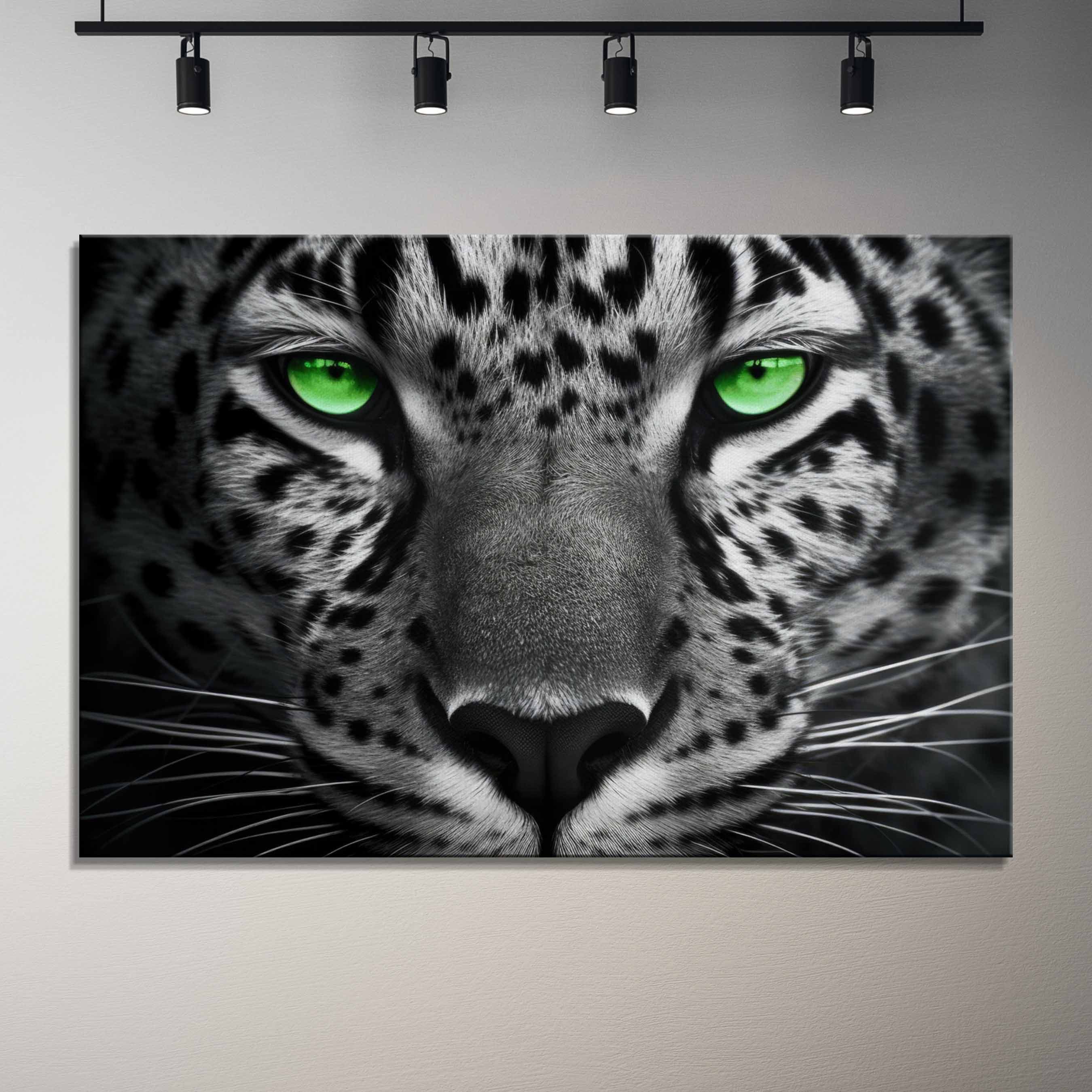 Green-Eyed Leopard Canvas Art: Monochrome Big Cat Wildlife Wall Print