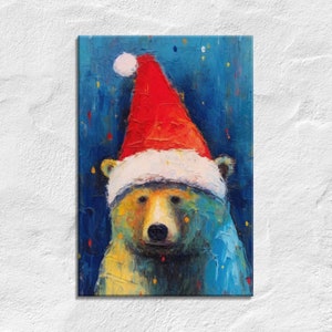 Bear with Santa Hat Canvas Print: Minimalist Christmas Wall Art