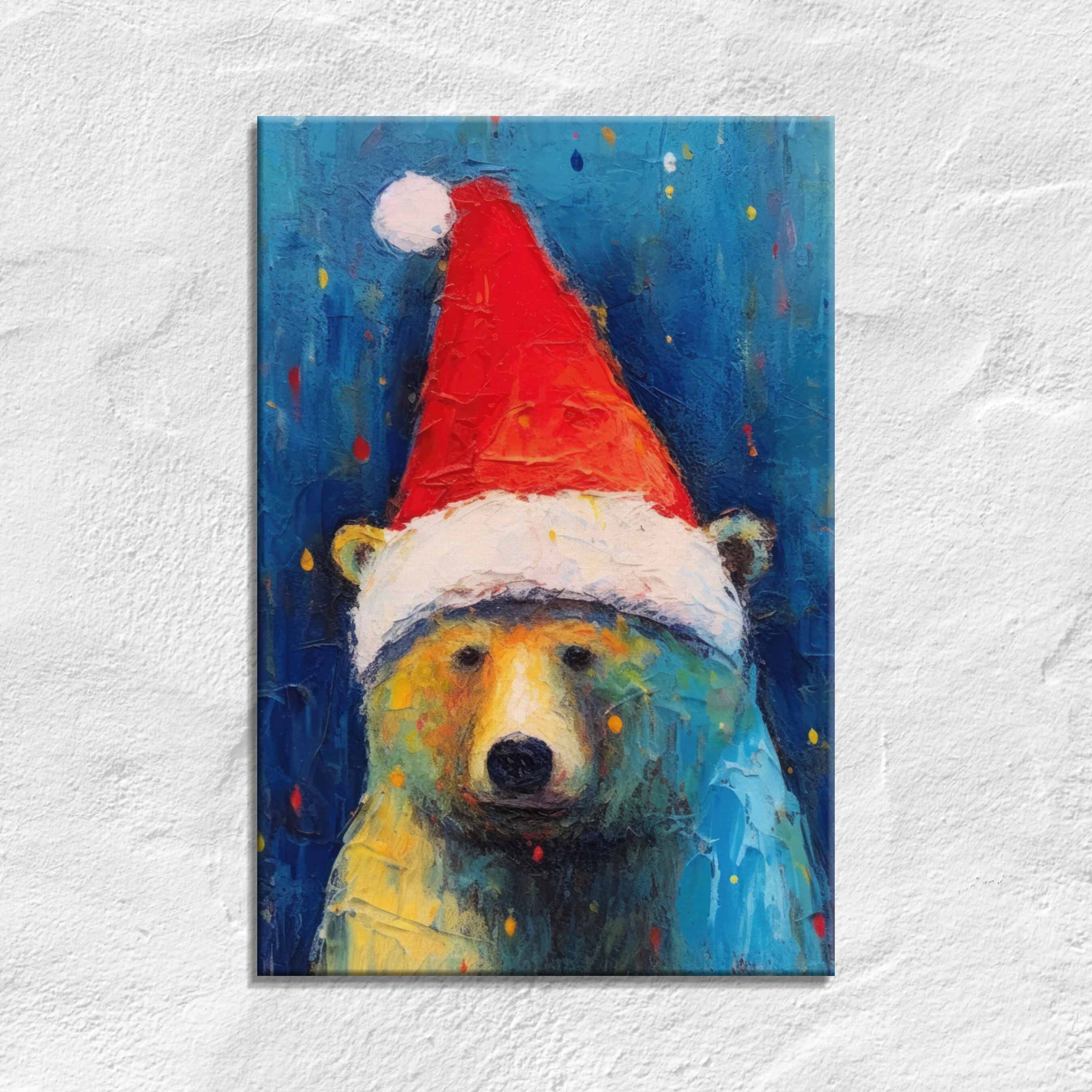 Bear with Santa Hat Canvas Print: Minimalist Christmas Wall Art