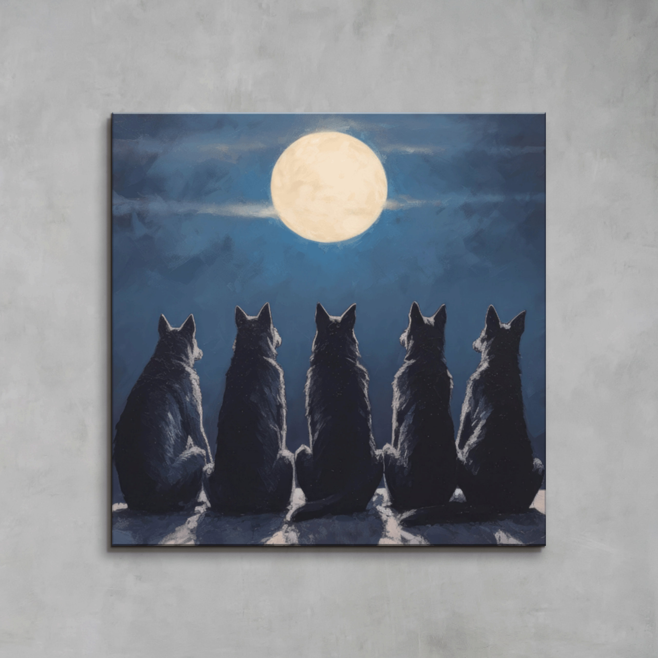 Impressionist Wolves Full Moon Canvas Art: Mystical Wildlife Decor