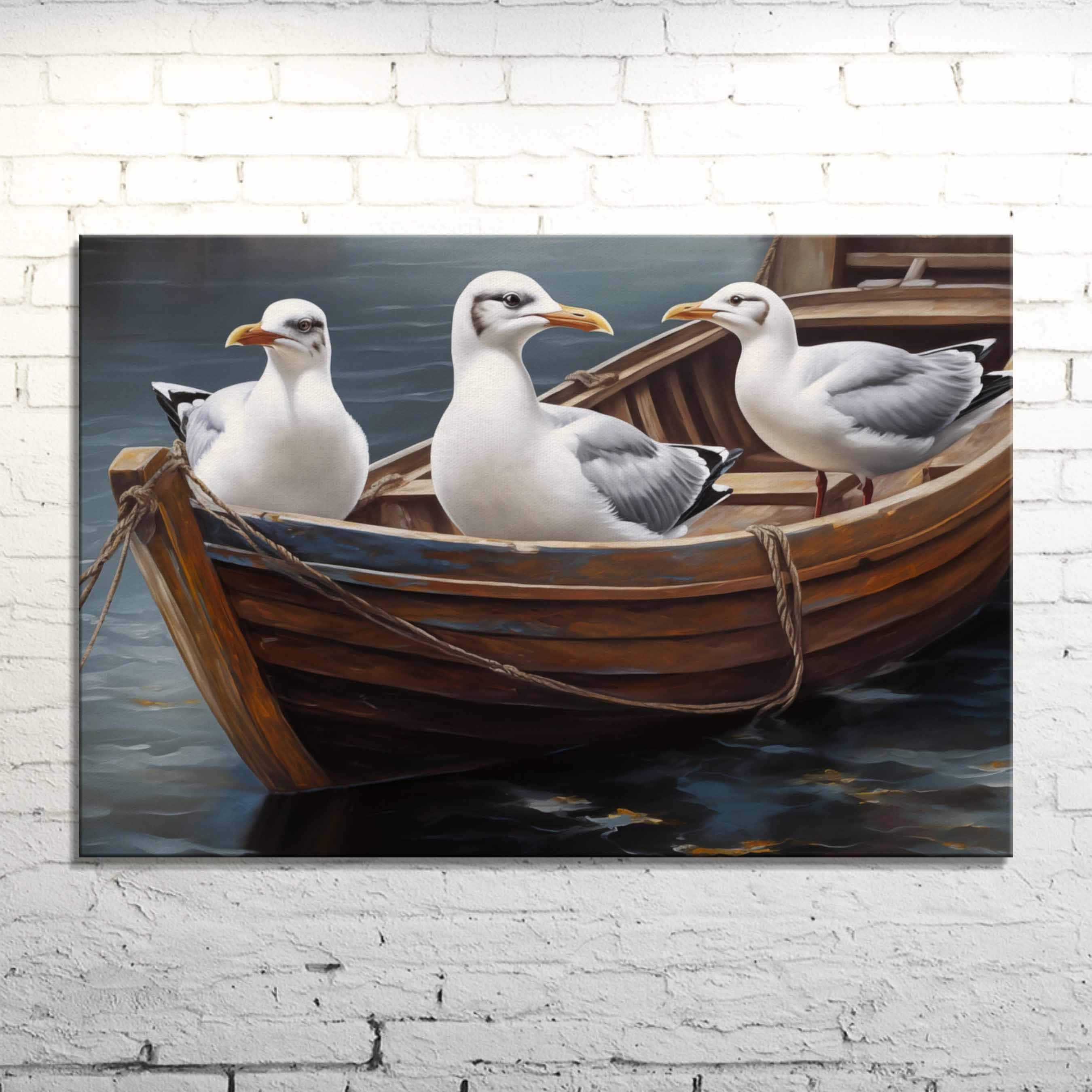 Seagulls on Boat Canvas Art Print: Coastal Seaside Home Decor