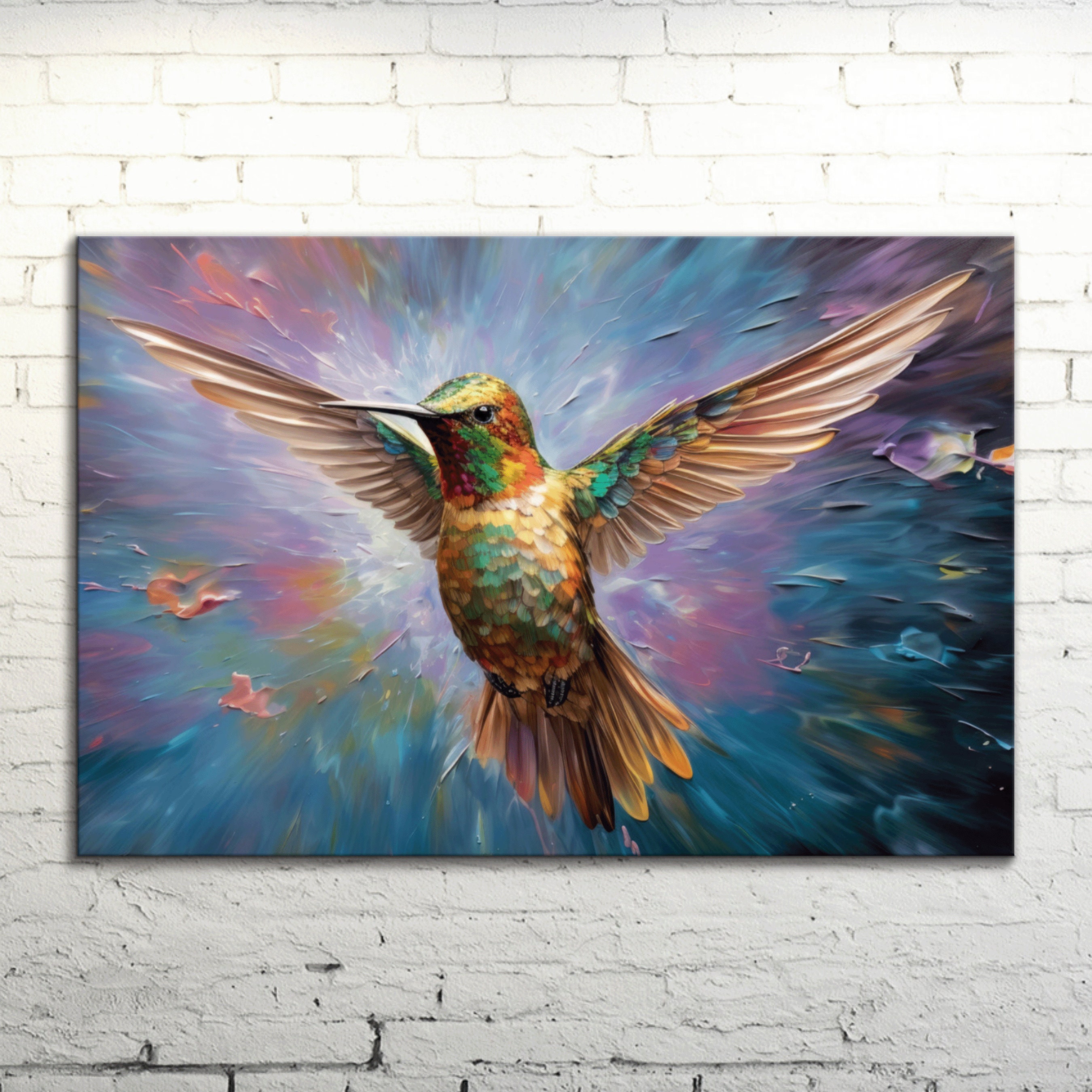 Hummingbird Canvas Print: Impasto Oil Painting Style, Radiant Feathers