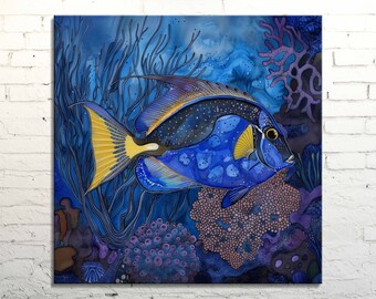 Regal Tang Fish Canvas Art: Underwater Coral Reef Watercolor Print