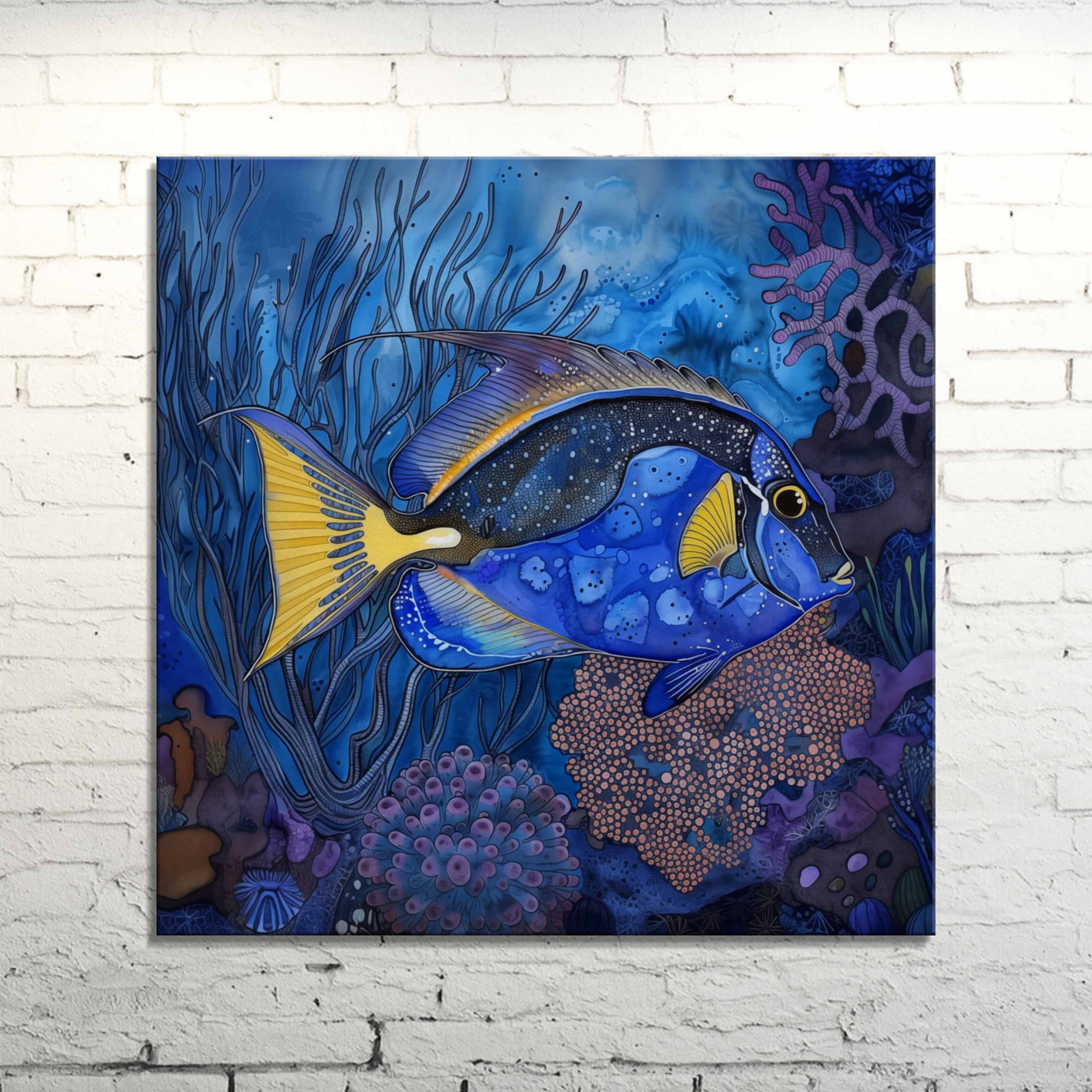 Regal Tang Fish Canvas Art: Underwater Coral Reef Watercolor Print
