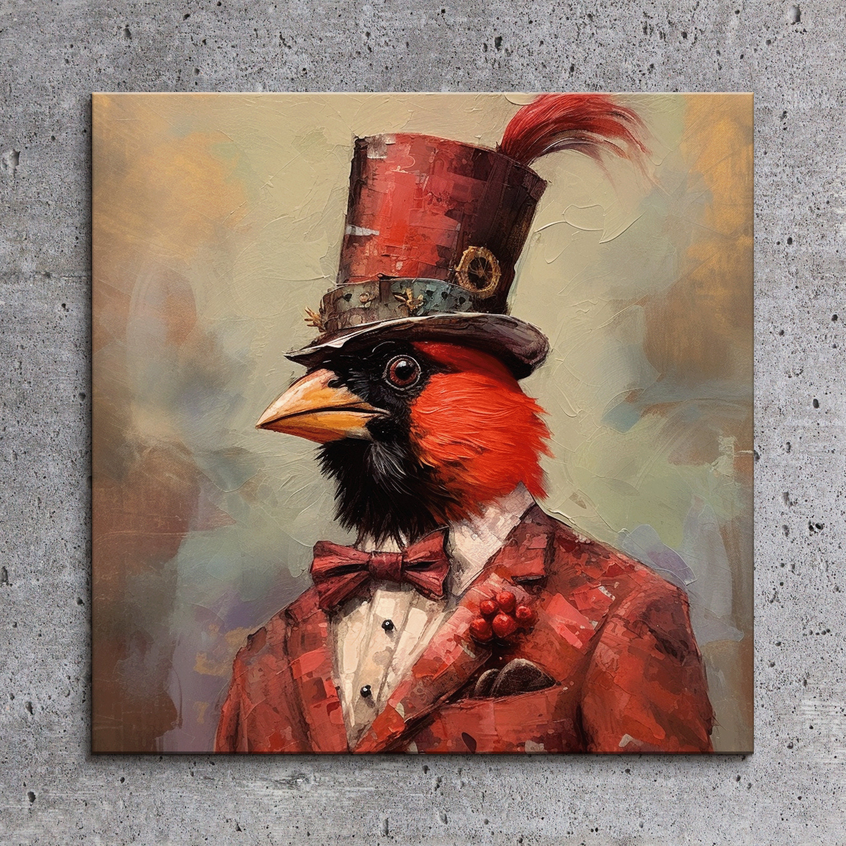 Red Cardinal in Tuxedo Art Canvas Print: Neo-Expressionist Bird Decor