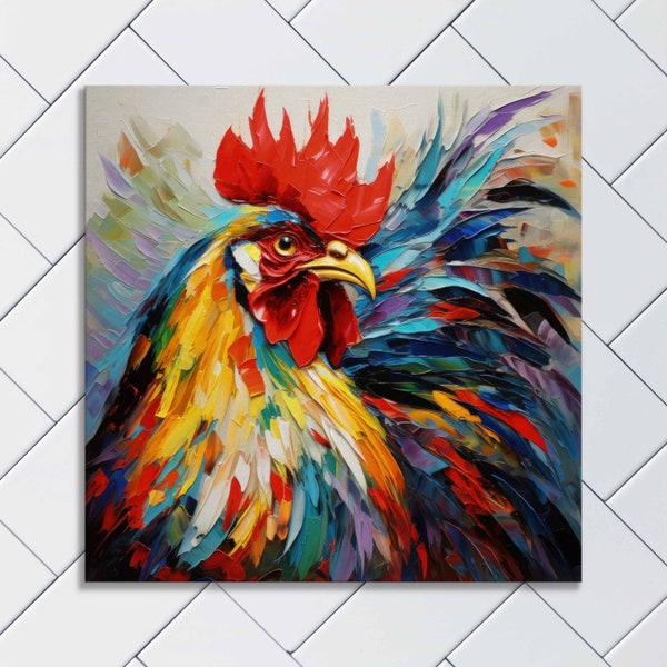 Art mural abstrait sur toile coq, impression d'oiseaux sauvages de la basse-cour, décoration inspirée de la nature, oeuvre d'art unique sur les animaux de la ferme, audacieux et coloré