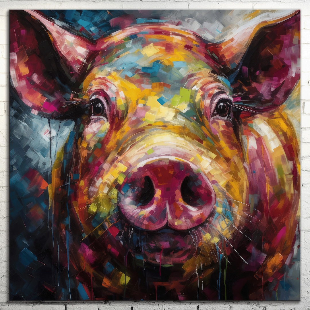 Mesmerizing Pig Canvas Wall Art, Closeup Bright Colorful Animal