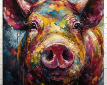 Colorful Pig Canvas Art: Abstract Farmhouse Wall Decor