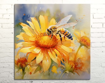 Sunflower and Bee Canvas Art Print: Pollination Scene, Floral Home Decor