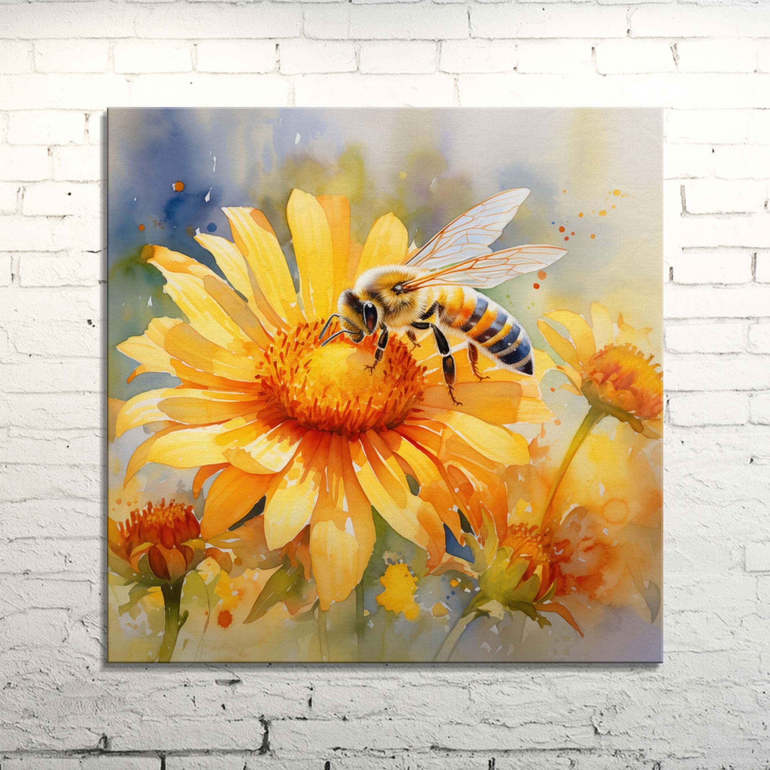 Sunflower and Bee Canvas Art Print: Pollination Scene, Floral Home Decor