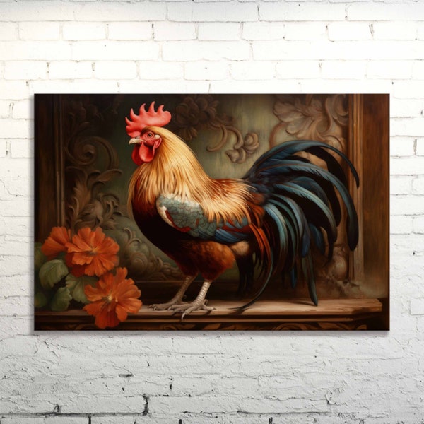 Vintage Rooster Canvas Wall Art, Rustiek Elegant Home Decor, Farm Animal Lover's Gift, Klassieke Boerderijstijl met Floral Achtergrondontwerp